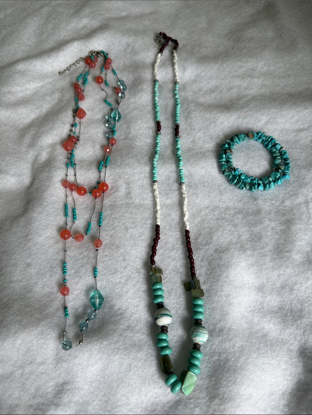 2 Necklaces and 1 Bracelet: Turquoise and Coral Beaded Necklace Set